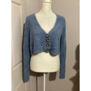 Sky & Sparrow Light Blue Furry Long Sleeve Button Up Crop Top M